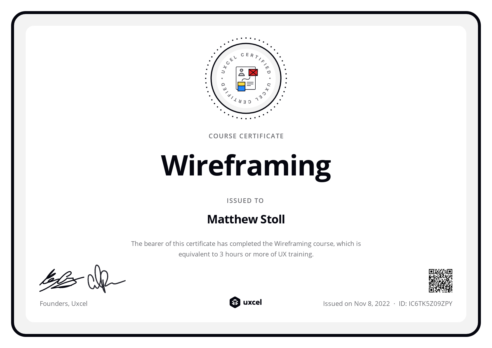 Matthew Stoll's certificate